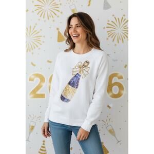Stewart Simmons XS White Sequin Champagne Bottle Sweatshirt Sparkle Holiday New